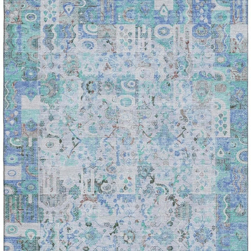 5' X 8' Blue And Ivory Patchwork Washable Area Rug With UV Protection