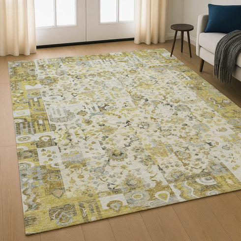 8' X 10' Gold And Ivory Patchwork Washable Area Rug With UV Protection