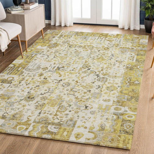 8' X 10' Gold And Ivory Patchwork Washable Area Rug With UV Protection