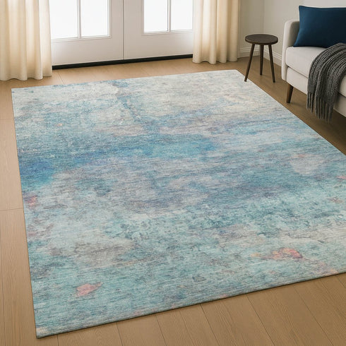 8' X 10' Aqua And Beige Abstract Washable Area Rug With UV Protection