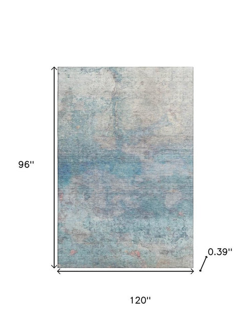 8' X 10' Aqua And Beige Abstract Washable Area Rug With UV Protection