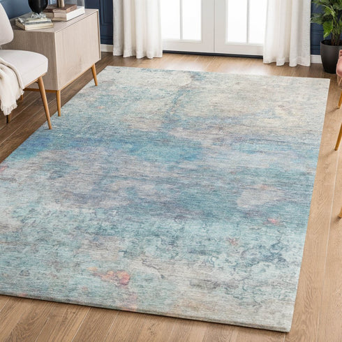 8' X 10' Aqua And Beige Abstract Washable Area Rug With UV Protection