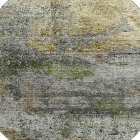 8' Olive Green And Gold Abstract Washable Round Rug With UV Protection