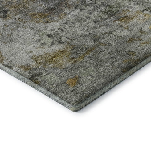 8' Olive Green And Gold Abstract Washable Round Rug With UV Protection