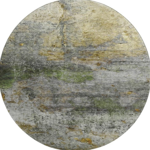 8' Olive Green And Gold Abstract Washable Round Rug With UV Protection
