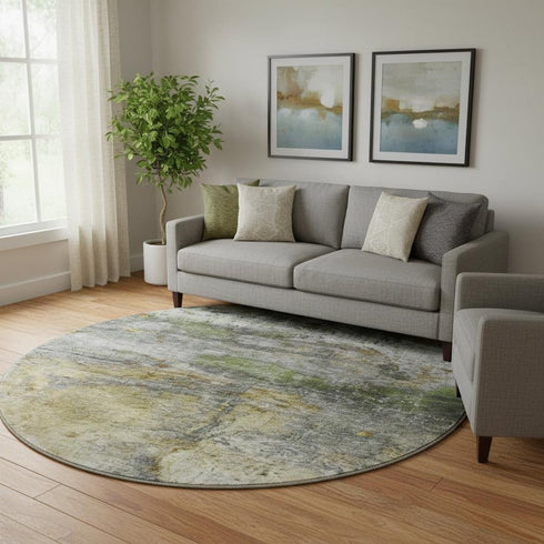 8' Olive Green And Gold Abstract Washable Round Rug With UV Protection