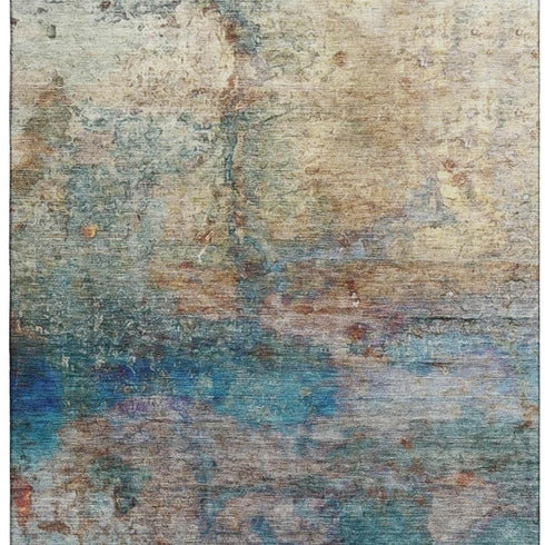 8' X 10' Teal And Beige Abstract Washable Area Rug With UV Protection