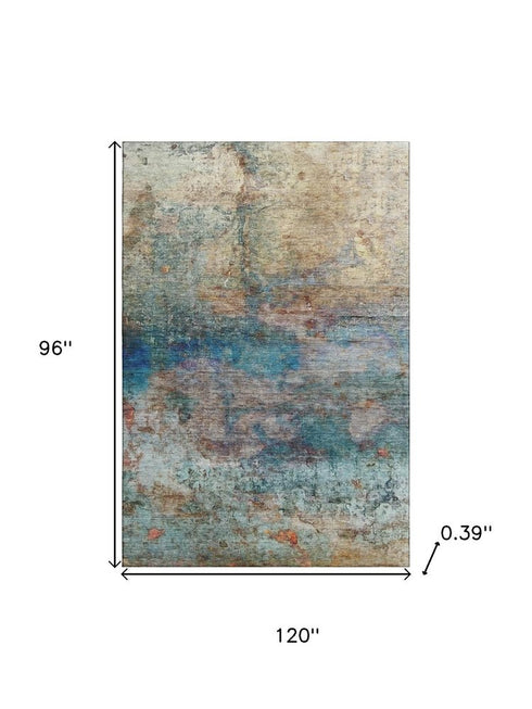 8' X 10' Teal And Beige Abstract Washable Area Rug With UV Protection