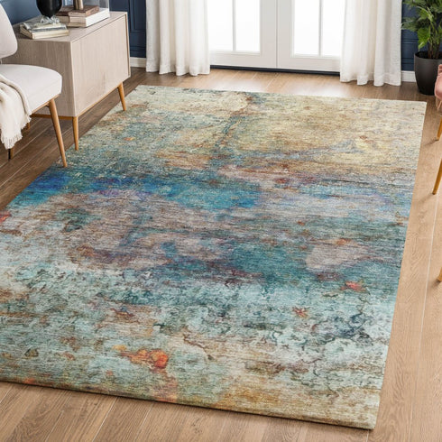 8' X 10' Teal And Beige Abstract Washable Area Rug With UV Protection