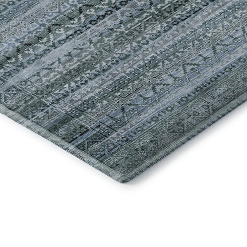 8' X 10' Sage And Blue Striped Washable Area Rug With UV Protection