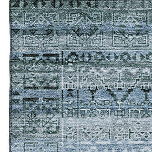 8' X 10' Sage And Blue Striped Washable Area Rug With UV Protection