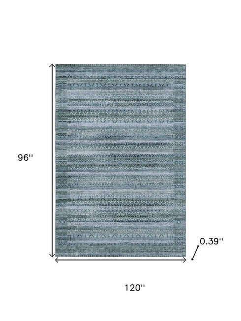 8' X 10' Sage And Blue Striped Washable Area Rug With UV Protection