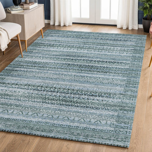 8' X 10' Sage And Blue Striped Washable Area Rug With UV Protection