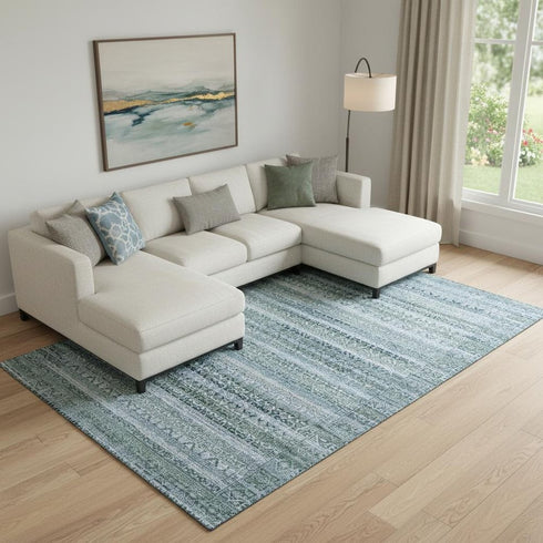 8' X 10' Sage And Blue Striped Washable Area Rug With UV Protection