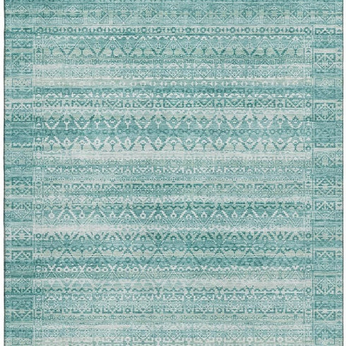 8' X 10' Aqua And Ivory Striped Washable Area Rug With UV Protection