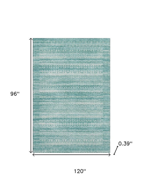 8' X 10' Aqua And Ivory Striped Washable Area Rug With UV Protection