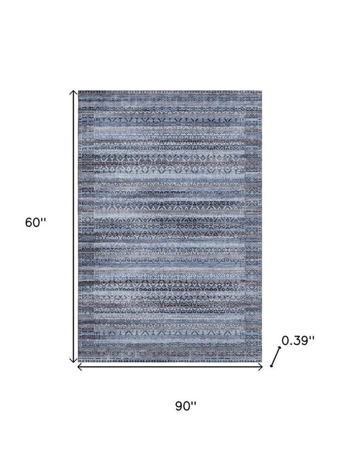 5' X 8' Blue And Charcoal Striped Washable Area Rug With UV Protection
