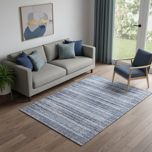 5' X 8' Blue And Charcoal Striped Washable Area Rug With UV Protection