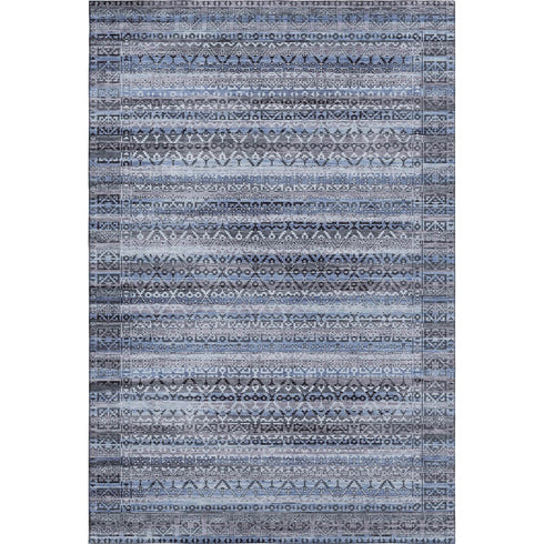 8' X 10' Blue And Charcoal Striped Washable Area Rug With UV Protection