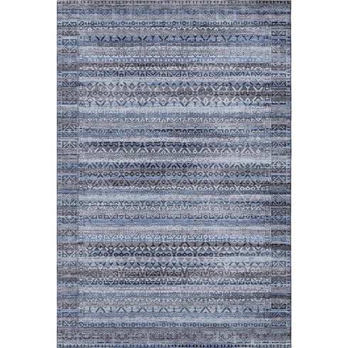 8' X 10' Blue And Charcoal Striped Washable Area Rug With UV Protection