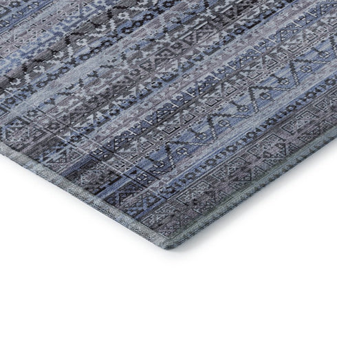 8' X 10' Blue And Charcoal Striped Washable Area Rug With UV Protection