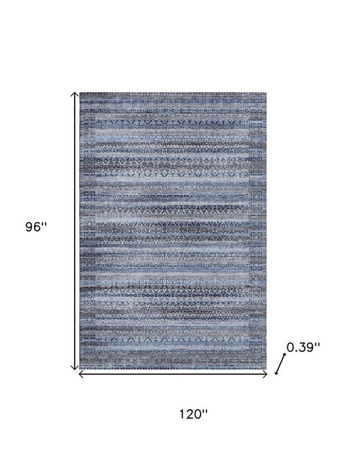8' X 10' Blue And Charcoal Striped Washable Area Rug With UV Protection