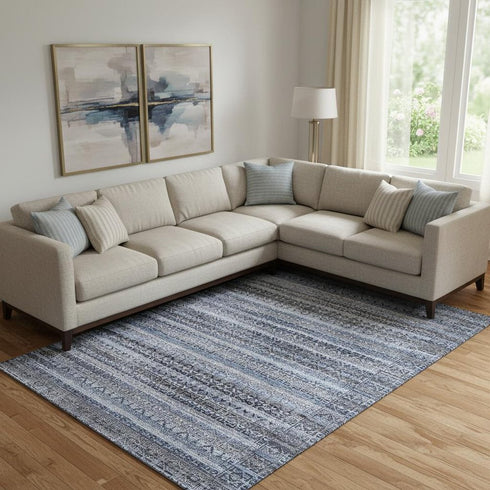 8' X 10' Blue And Charcoal Striped Washable Area Rug With UV Protection