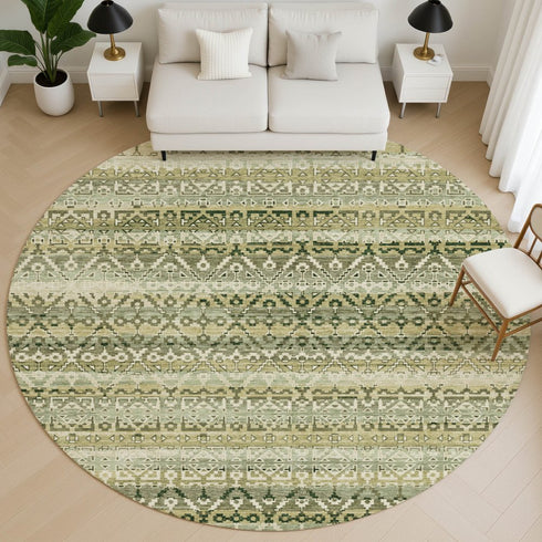 8' Green And Charcoal Striped Washable Round Rug With UV Protection