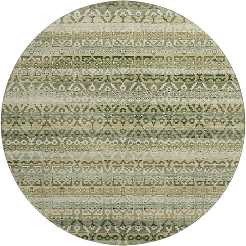 8' Green And Charcoal Striped Washable Round Rug With UV Protection
