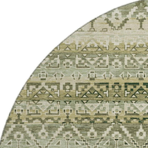 8' Green And Charcoal Striped Washable Round Rug With UV Protection