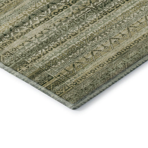 8' Green And Charcoal Striped Washable Round Rug With UV Protection