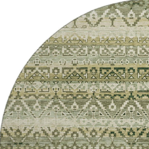 8' Green And Charcoal Striped Washable Round Rug With UV Protection