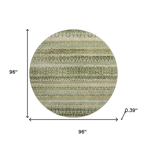 8' Green And Charcoal Striped Washable Round Rug With UV Protection