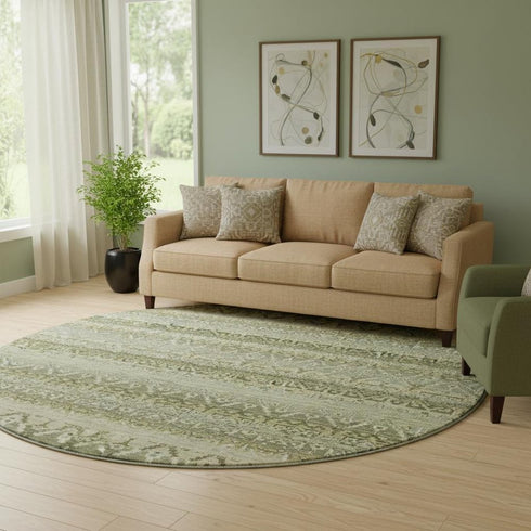 8' Green And Charcoal Striped Washable Round Rug With UV Protection