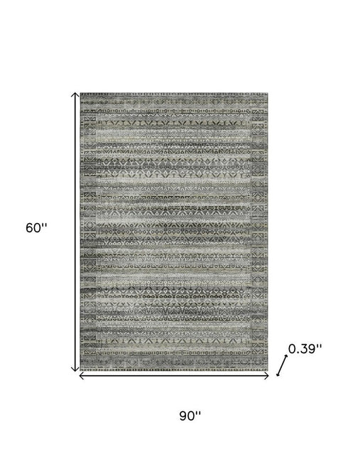 5' X 8' Pewter And Charcoal Striped Washable Area Rug With UV Protection