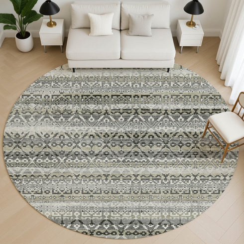 8' Pewter And Charcoal Striped Washable Round Rug With UV Protection