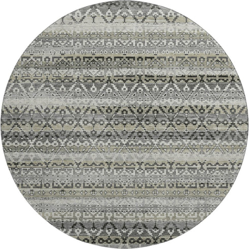 8' Pewter And Charcoal Striped Washable Round Rug With UV Protection