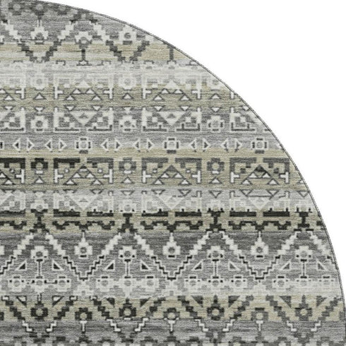 8' Pewter And Charcoal Striped Washable Round Rug With UV Protection