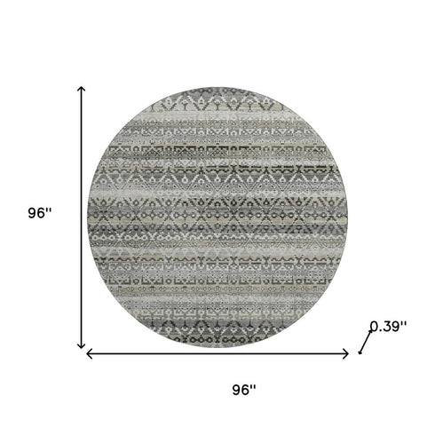 8' Pewter And Charcoal Striped Washable Round Rug With UV Protection