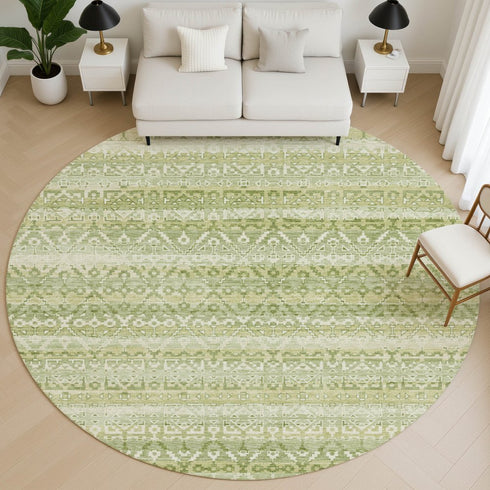 8' Sage And Beige Striped Washable Round Rug With UV Protection
