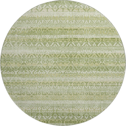 8' Sage And Beige Striped Washable Round Rug With UV Protection