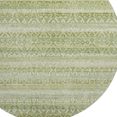 8' Sage And Beige Striped Washable Round Rug With UV Protection