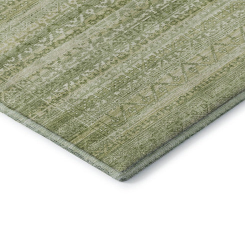 8' Sage And Beige Striped Washable Round Rug With UV Protection