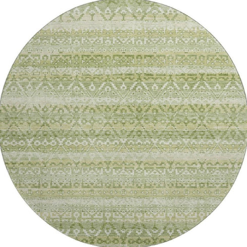 8' Sage And Beige Striped Washable Round Rug With UV Protection