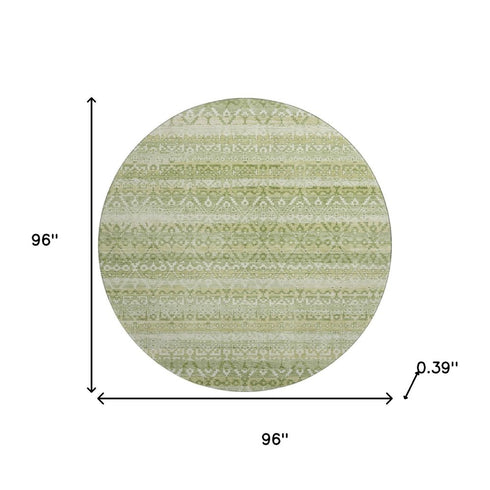 8' Sage And Beige Striped Washable Round Rug With UV Protection