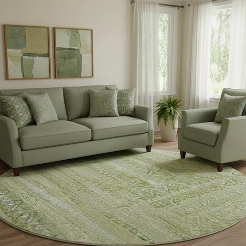 8' Sage And Beige Striped Washable Round Rug With UV Protection