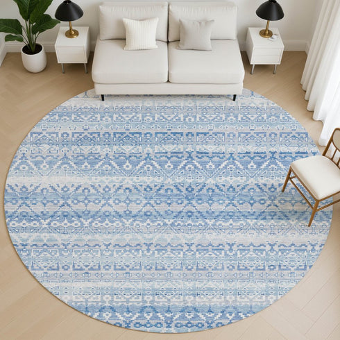 8' Sky Blue And Ivory Striped Washable Round Rug With UV Protection