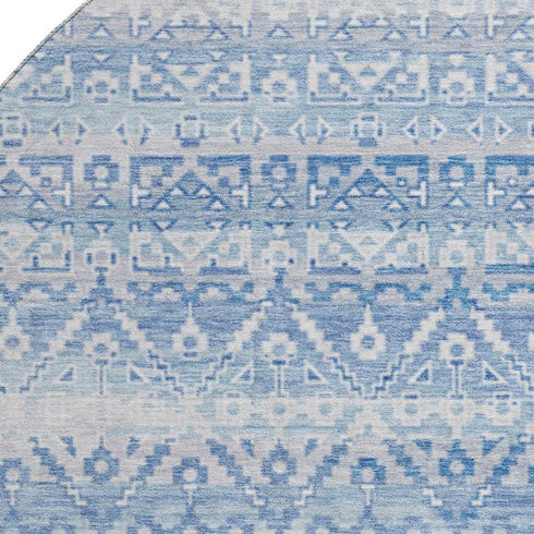 8' Sky Blue And Ivory Striped Washable Round Rug With UV Protection