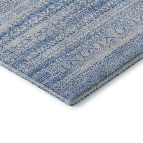 8' Sky Blue And Ivory Striped Washable Round Rug With UV Protection