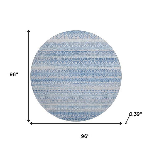 8' Sky Blue And Ivory Striped Washable Round Rug With UV Protection